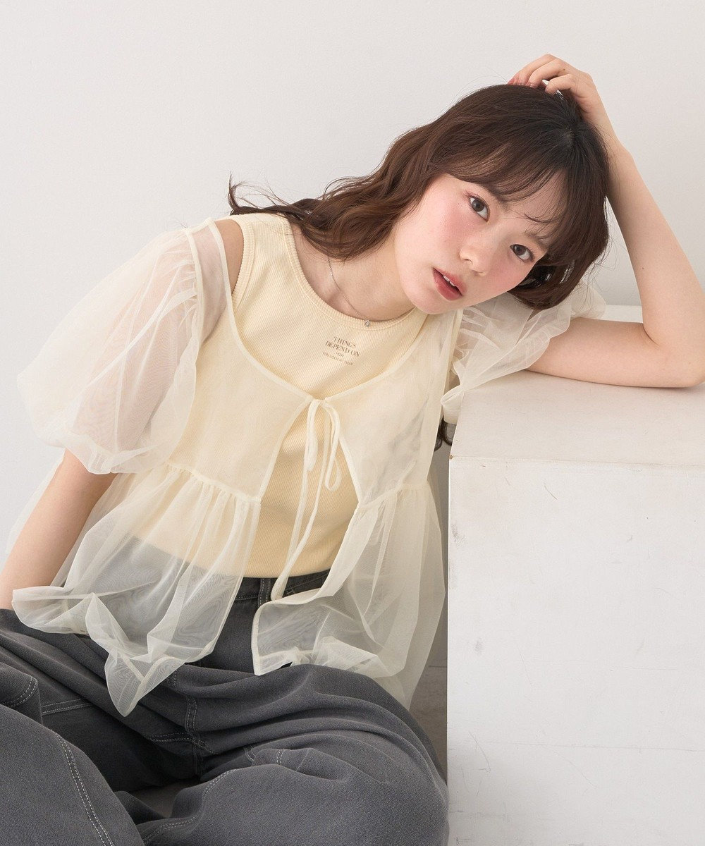 earth music&ecology ＳＥＴ２点チュールバルーンブラウス＋ロゴタンク 