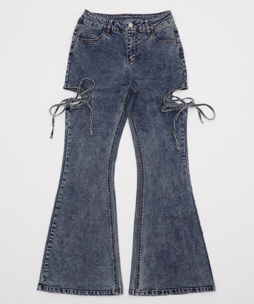 WEGO カットアウトリボンストレッチデニムフレアパンツ 