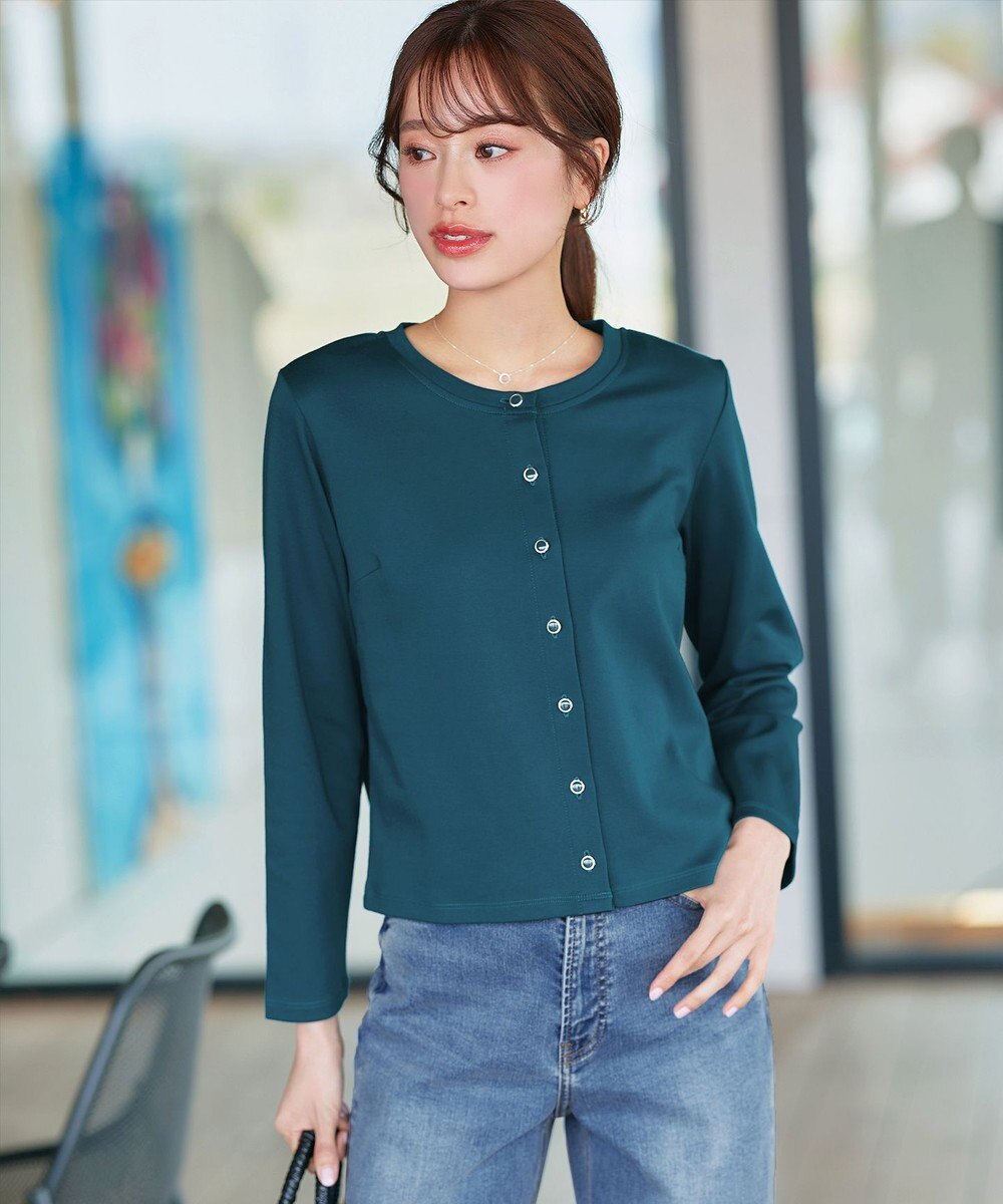 Tiaclasse 【小倉優子さん着用・洗える・接触冷感・汗ジミ防止】“サマさまカットソー”フレームボタンカーディガン 