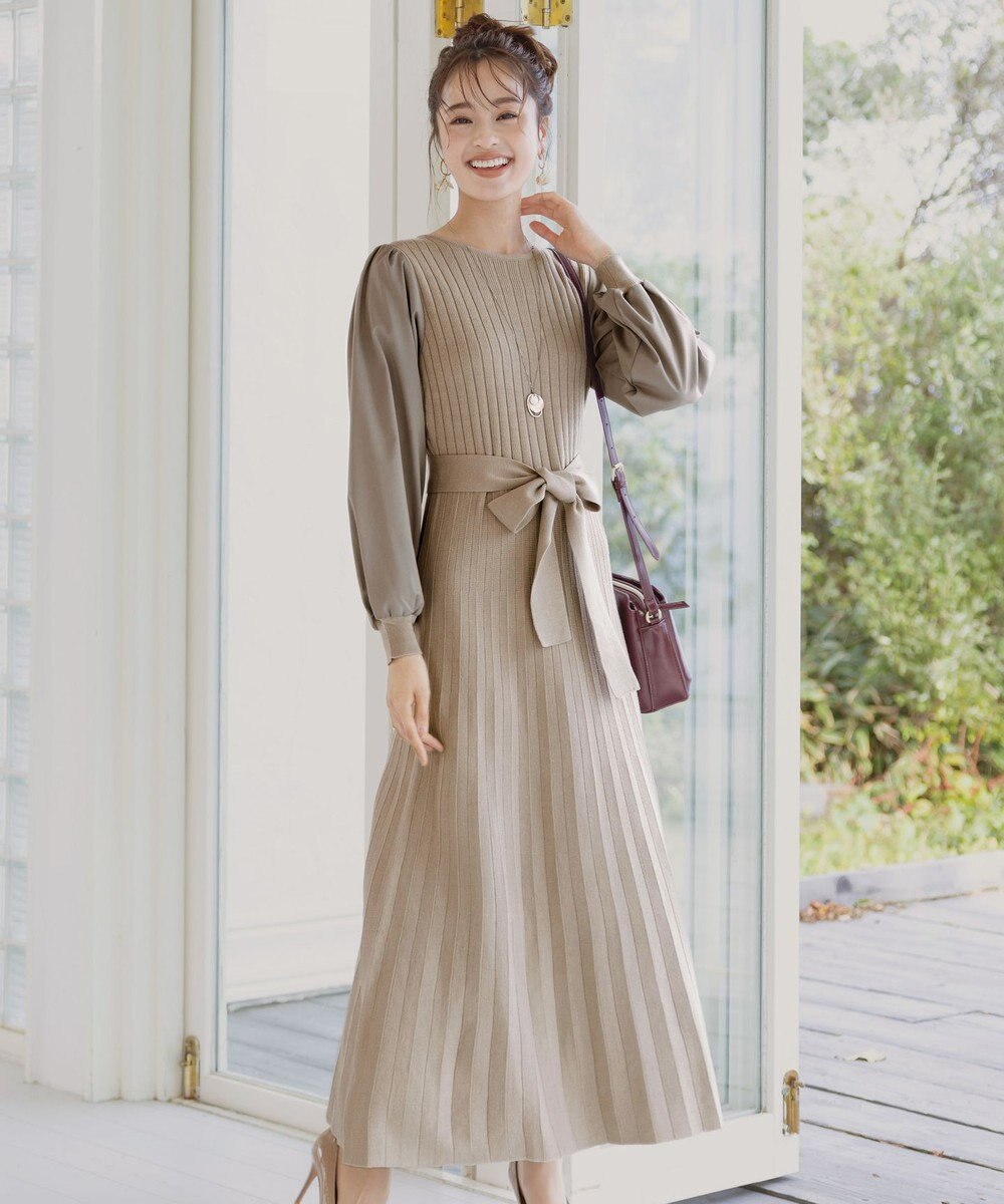 Tiaclasse 【洗える】パフ袖ニットコンビワンピース 