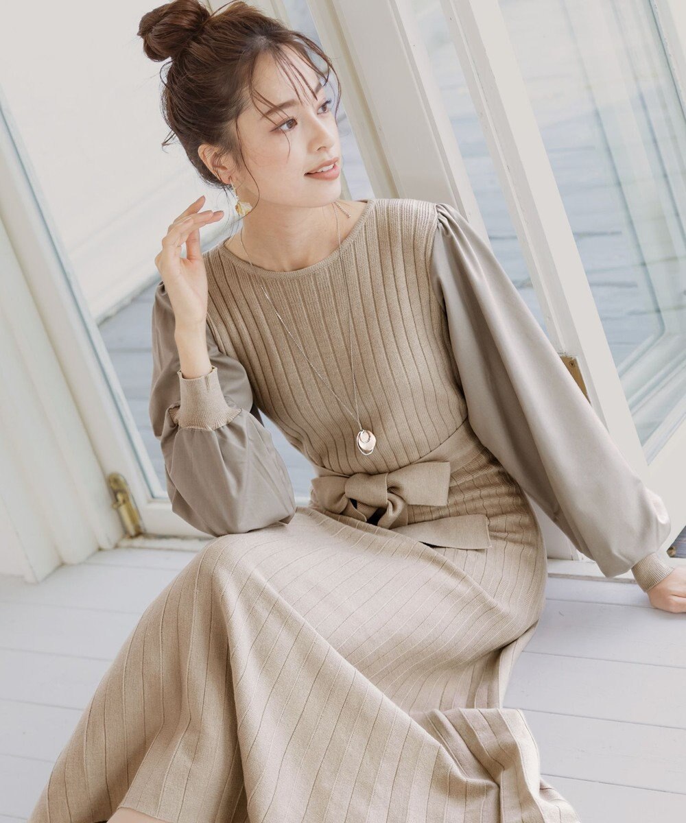 Tiaclasse 【洗える】パフ袖ニットコンビワンピース 