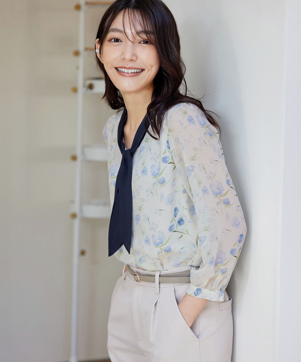 Tiaclasse 【洗える】花柄配色ボウタイブラウス 