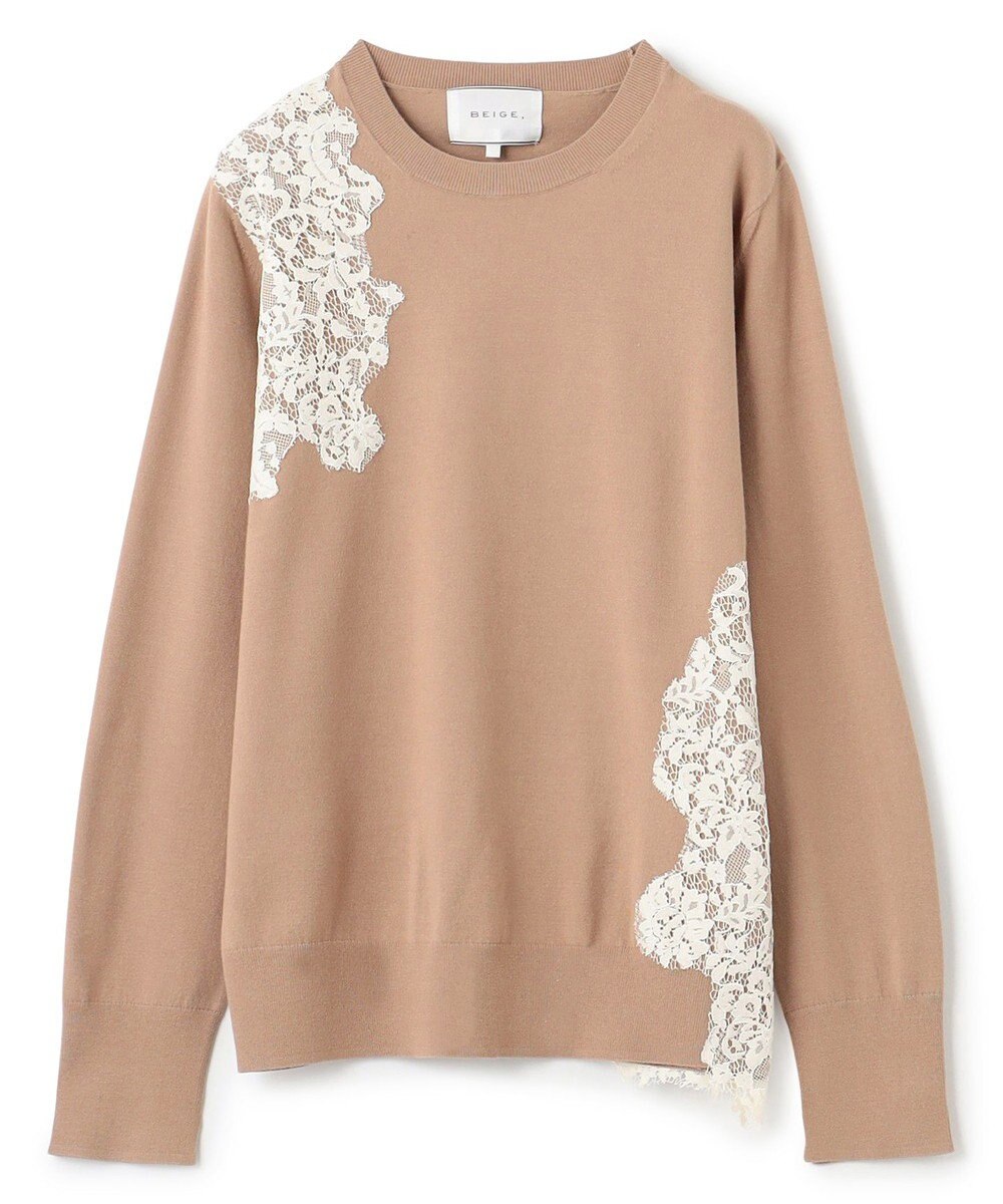 BEIGE， 【ご好評により新色追加！洗える】WILLOW / アシンメトリーレースクルーネックニット 