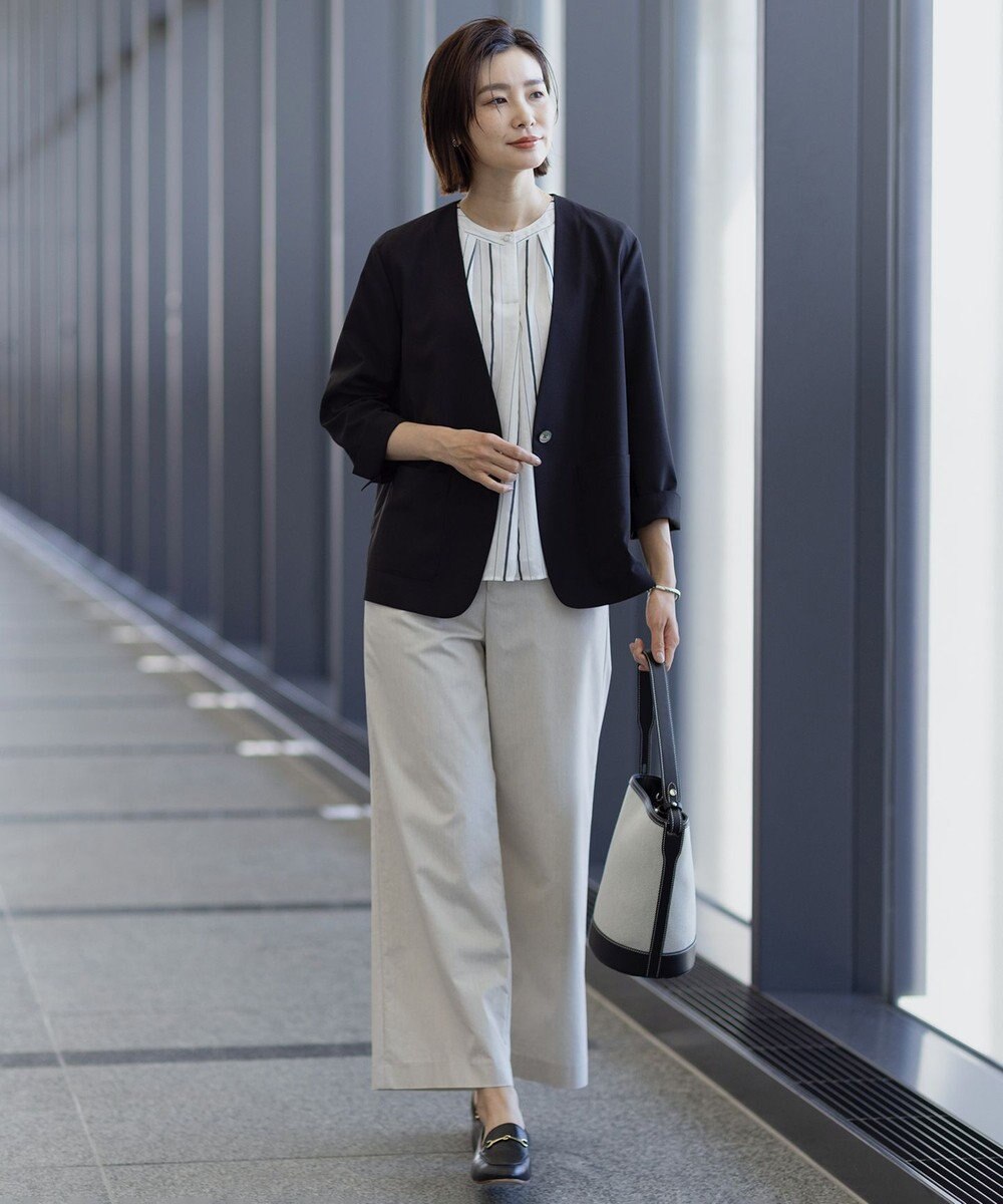 J.PRESS LADIES 【洗える】SHEERストライプ クルーネック ブラウス 