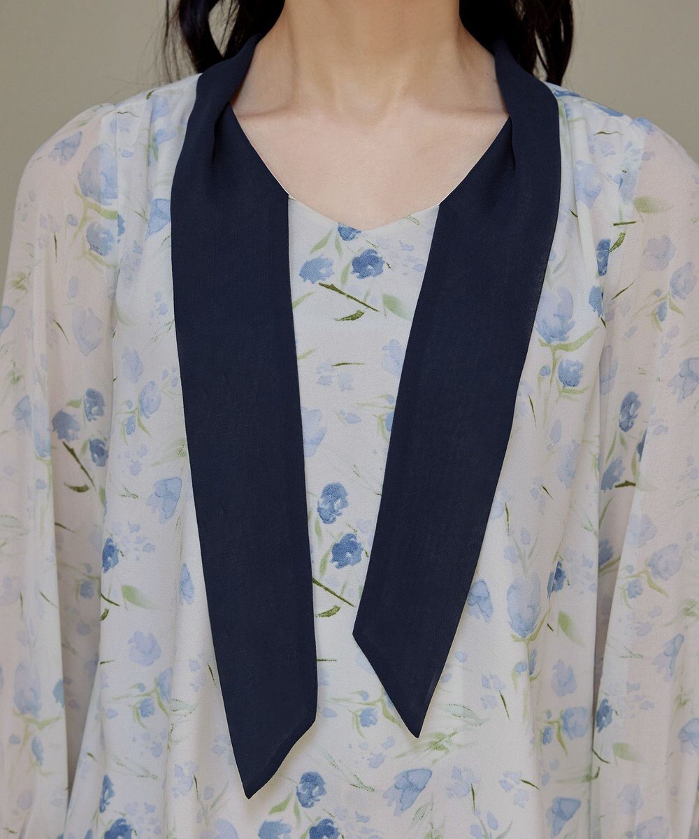 Tiaclasse 【洗える】花柄配色ボウタイブラウス 