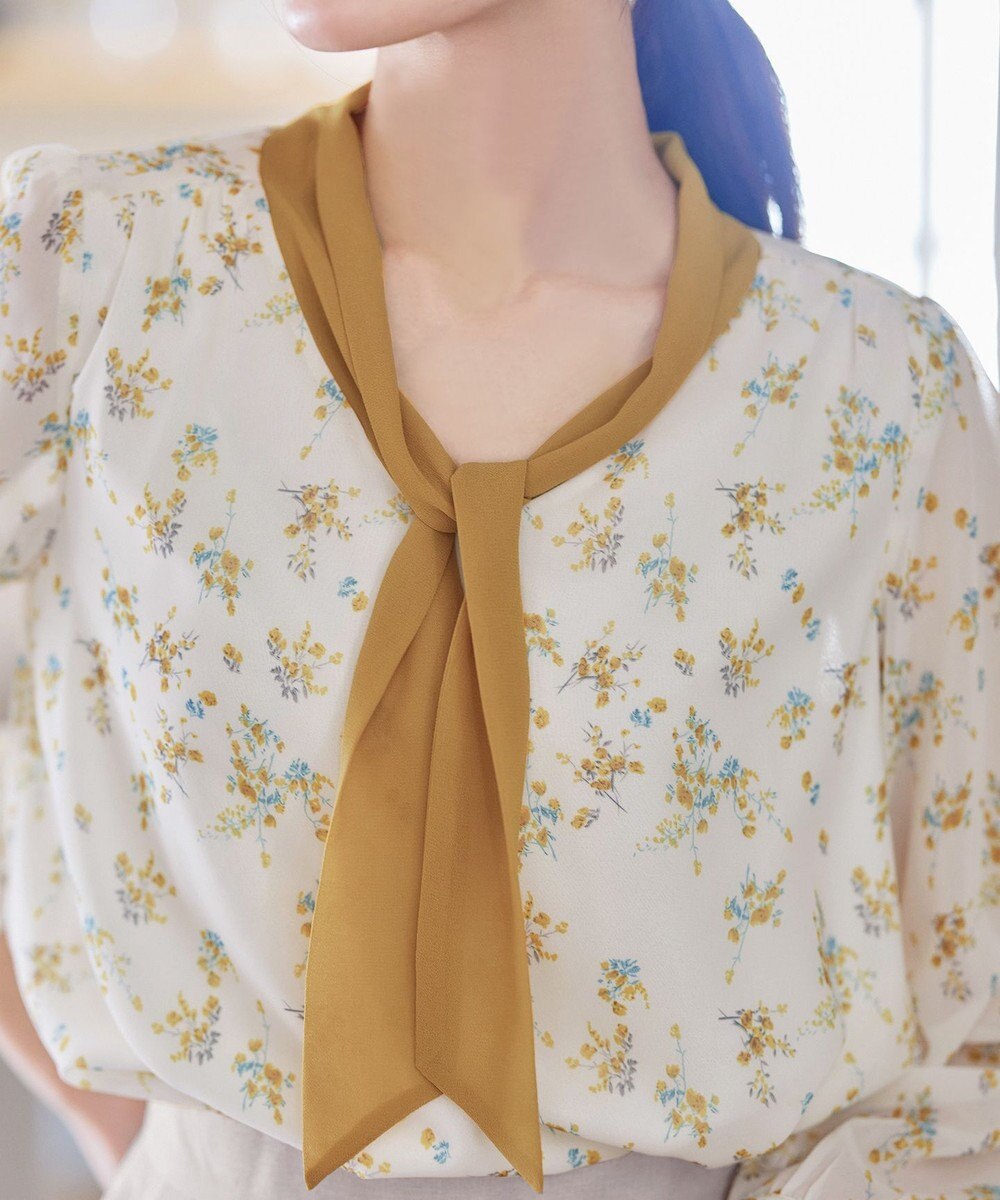 Tiaclasse 【洗える】花柄配色ボウタイブラウス 