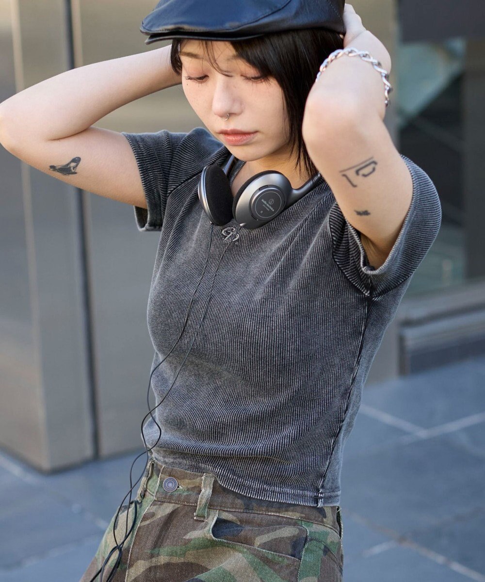 WEGO ヴィンテージウォッシュワンポイントリブT 