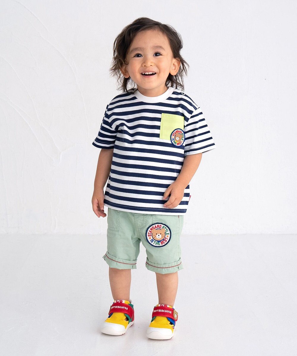MIKI HOUSE HOT BISCUITS 【80-120cm】 ポケット付き 先染め ボーダー柄 半袖Tシャツ 
