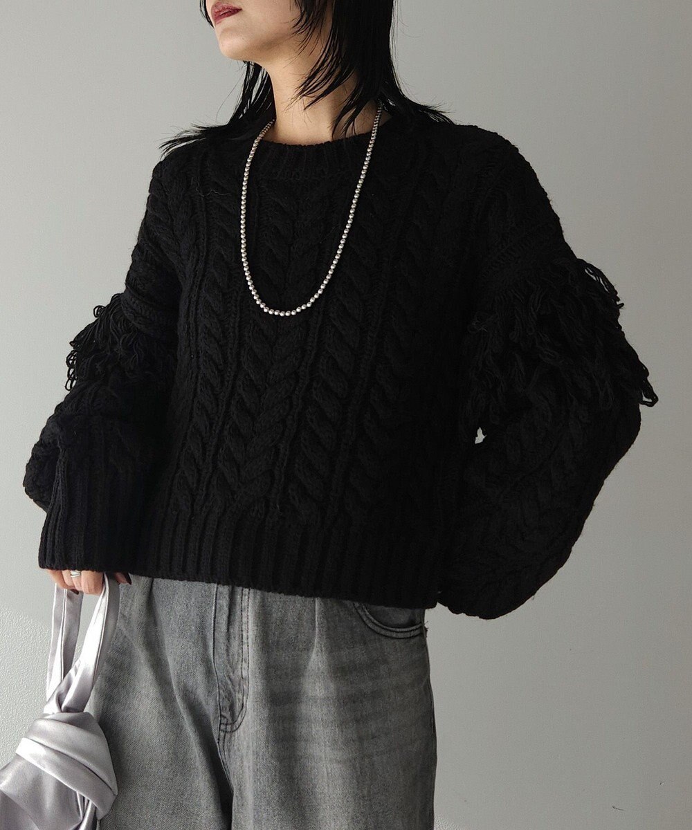 Green Parks フリンジスリーブショート丈ケーブルニット 