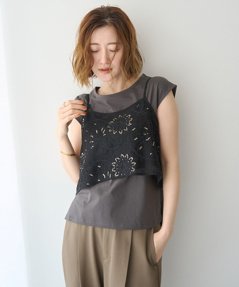 YECCA VECCA 【2点SET】刺繍メッシュキャミセットコットンTee 