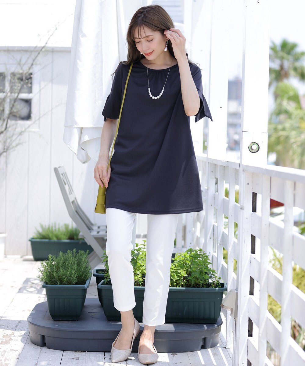 Tiaclasse 【洗える】フレアカフスポンチチュニックブラウス 