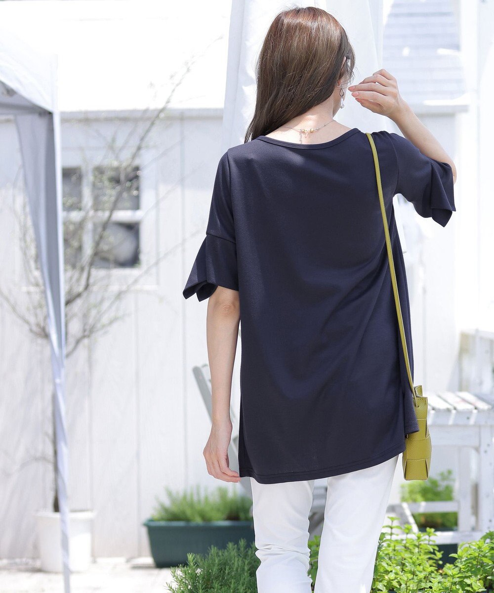 Tiaclasse 【洗える】フレアカフスポンチチュニックブラウス 