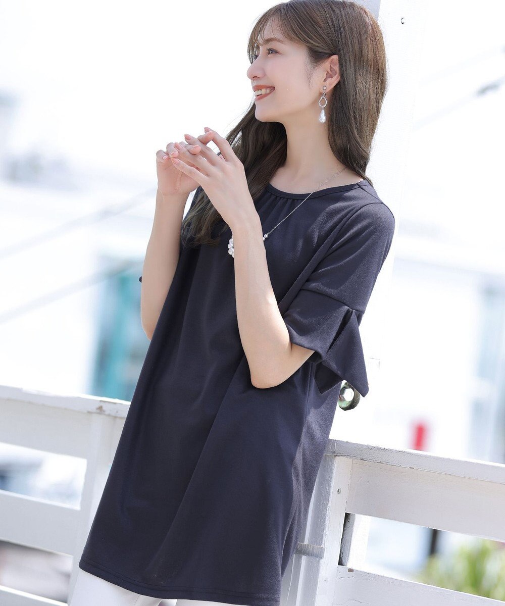 Tiaclasse 【洗える】フレアカフスポンチチュニックブラウス 