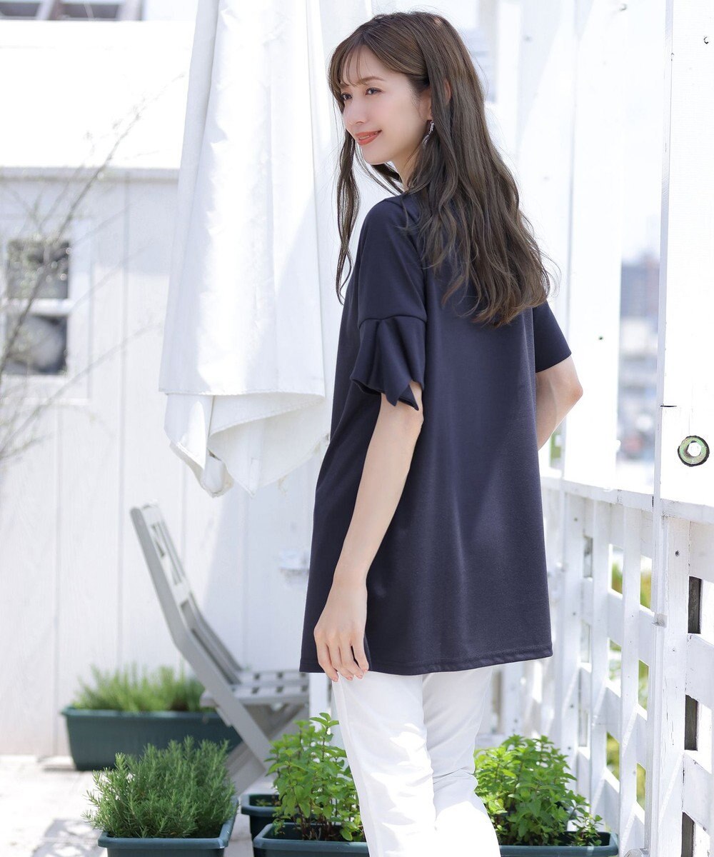 Tiaclasse 【洗える】フレアカフスポンチチュニックブラウス 