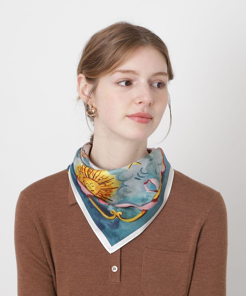 MOONBAT PAUL&JOE ACCESSOIRES(ポール & ジョー) シルクスカーフ 空 オーステルリッツ記念柱 ネコと毛糸 気球 65cm×65cm 手洗いOK 