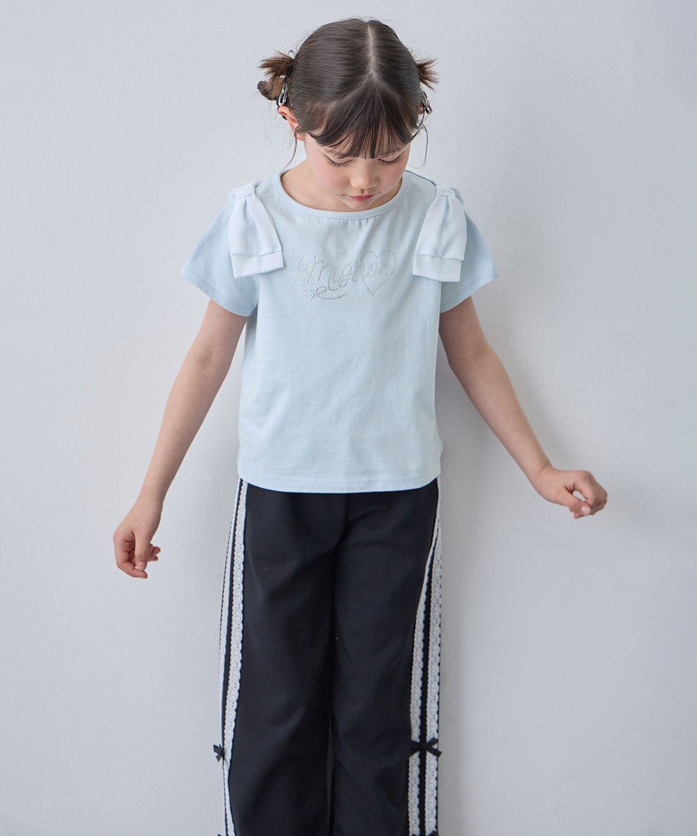 ANY KIDS 【綿100%】肩リボン×ラインストーンロゴ 半袖Tシャツ 