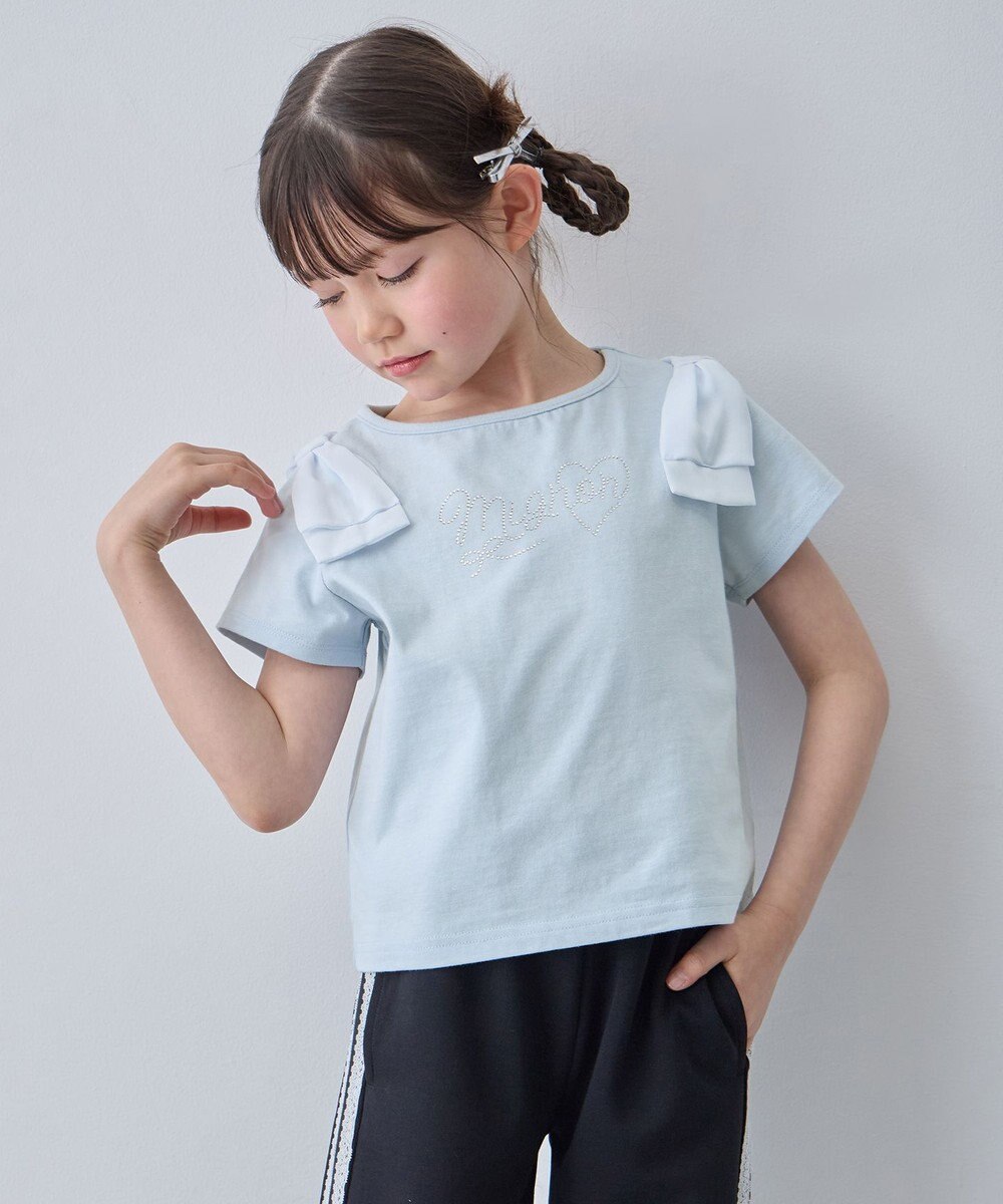 ANY KIDS 【綿100%】肩リボン×ラインストーンロゴ 半袖Tシャツ 