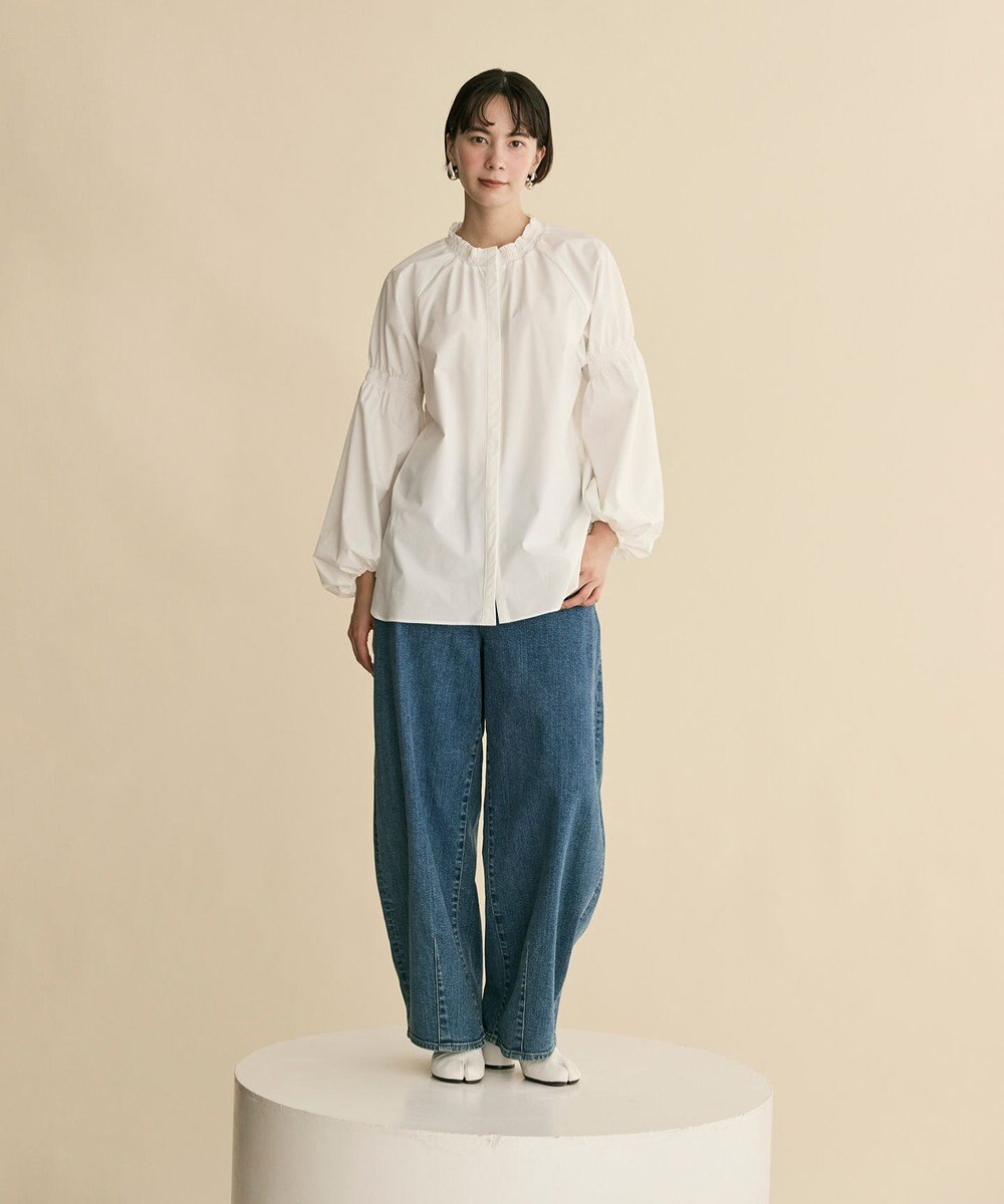 #Newans 【洗濯機可／撥水】シャーリングネック ボリュームスリーブシャツ 