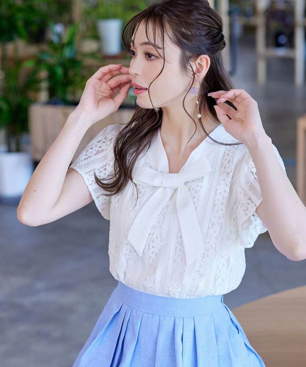 Tiaclasse 【洗える】幅広く活躍が期待できるボウタイレースブラウス 