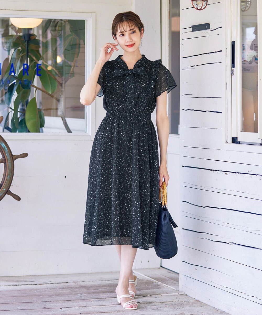 Tiaclasse 【洗える】花柄ボウタイフレアワンピース 