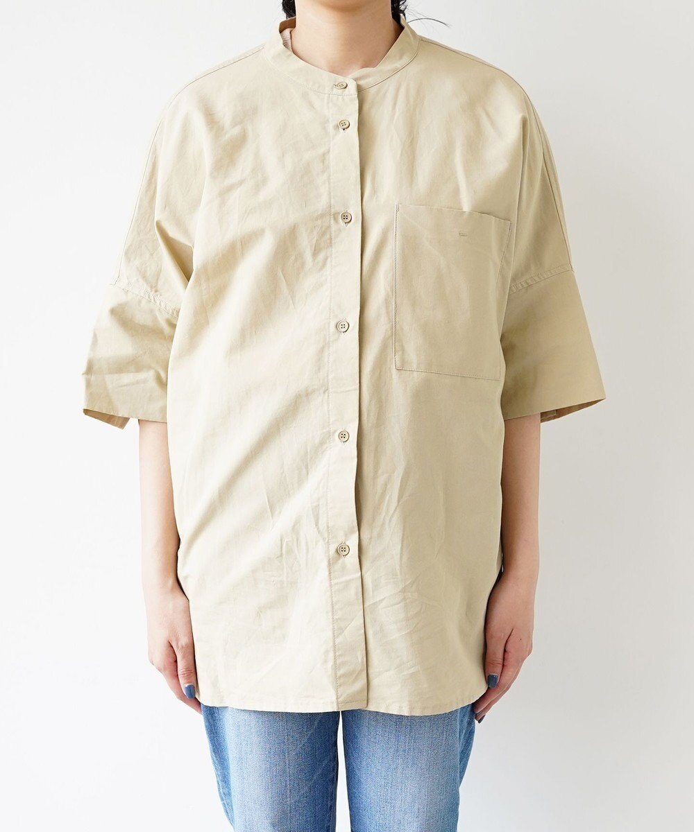 WHITE MAILS COTTON PAPER  POPLIN BAND COLLAR DOLMAN SLEEVE SHIRT　コットンポプリン 半袖シャツ 