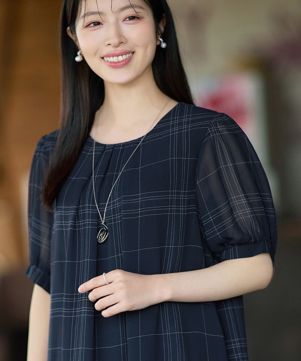 Tiaclasse L シフォンチェックパフスリーブチュニック 