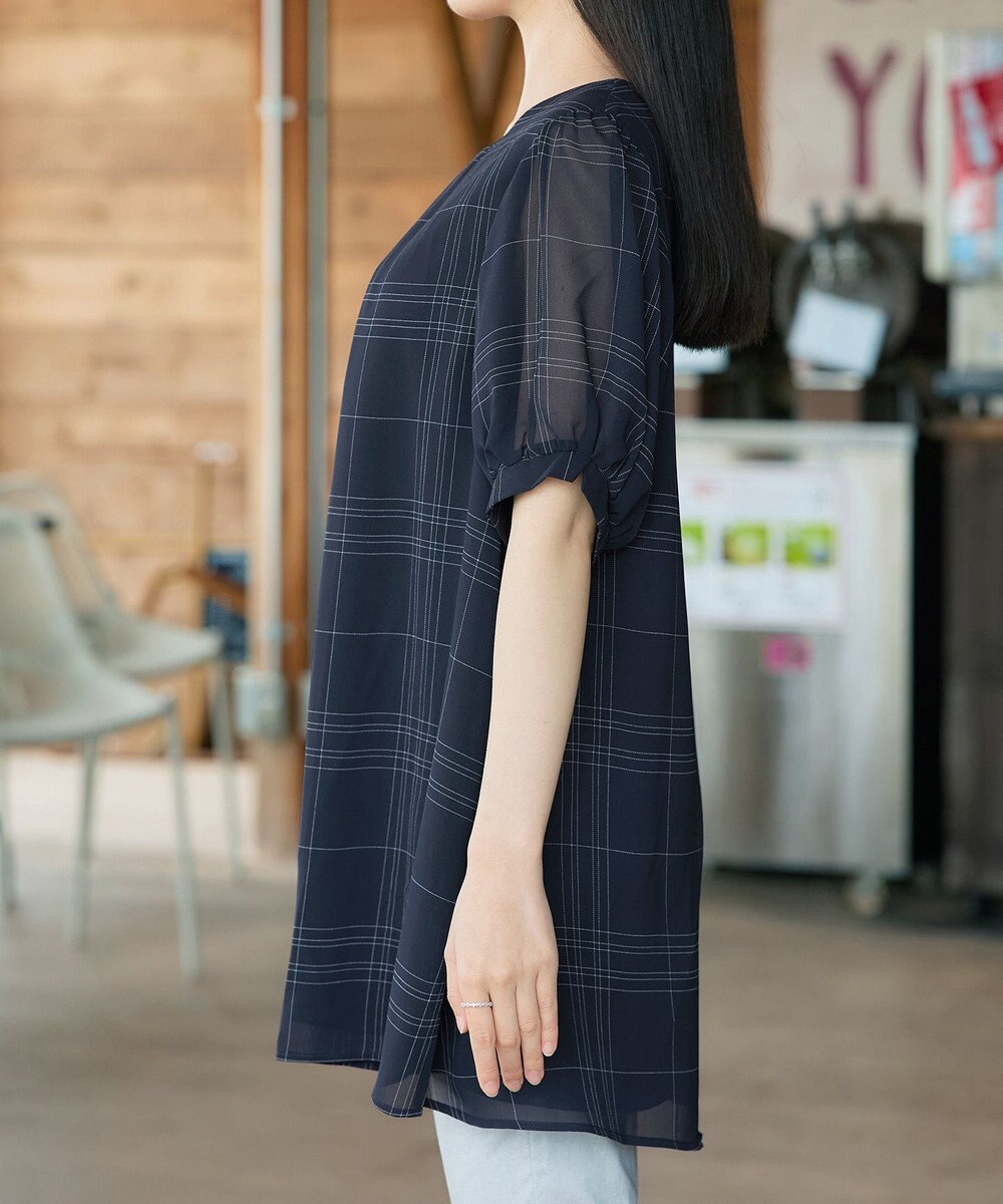 Tiaclasse L シフォンチェックパフスリーブチュニック 