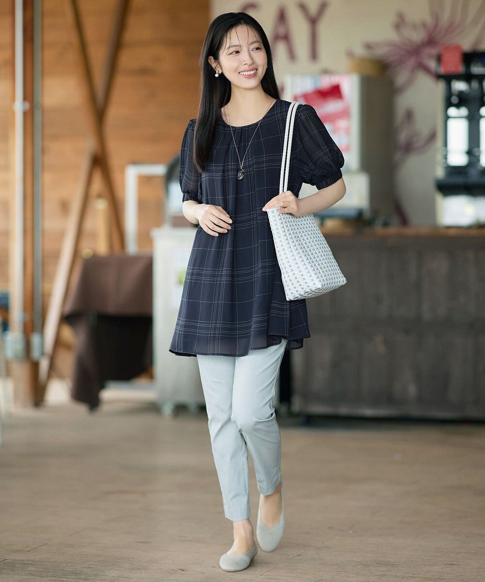 Tiaclasse L シフォンチェックパフスリーブチュニック 