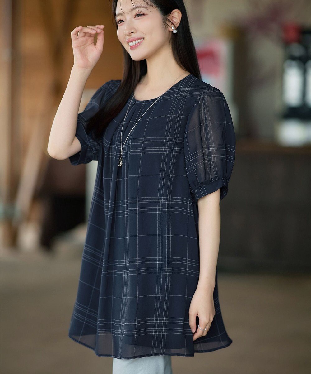 Tiaclasse L シフォンチェックパフスリーブチュニック 