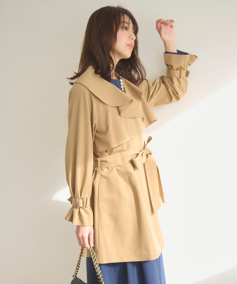 Feroux 【洗える】ラッフルカラーミドル丈 トレンチ 