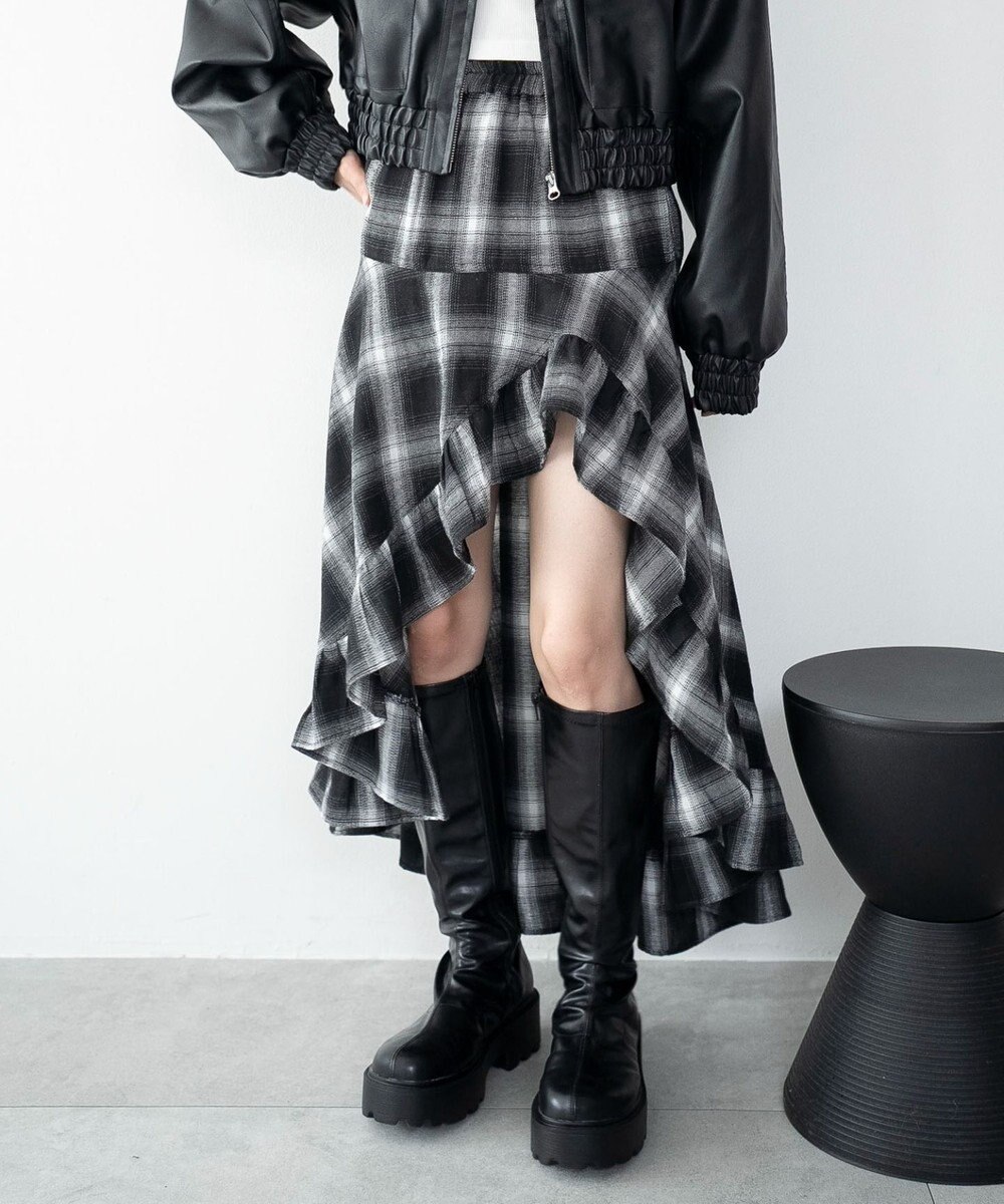 WEGO チェックアシンメトリーフリルロングスカート 