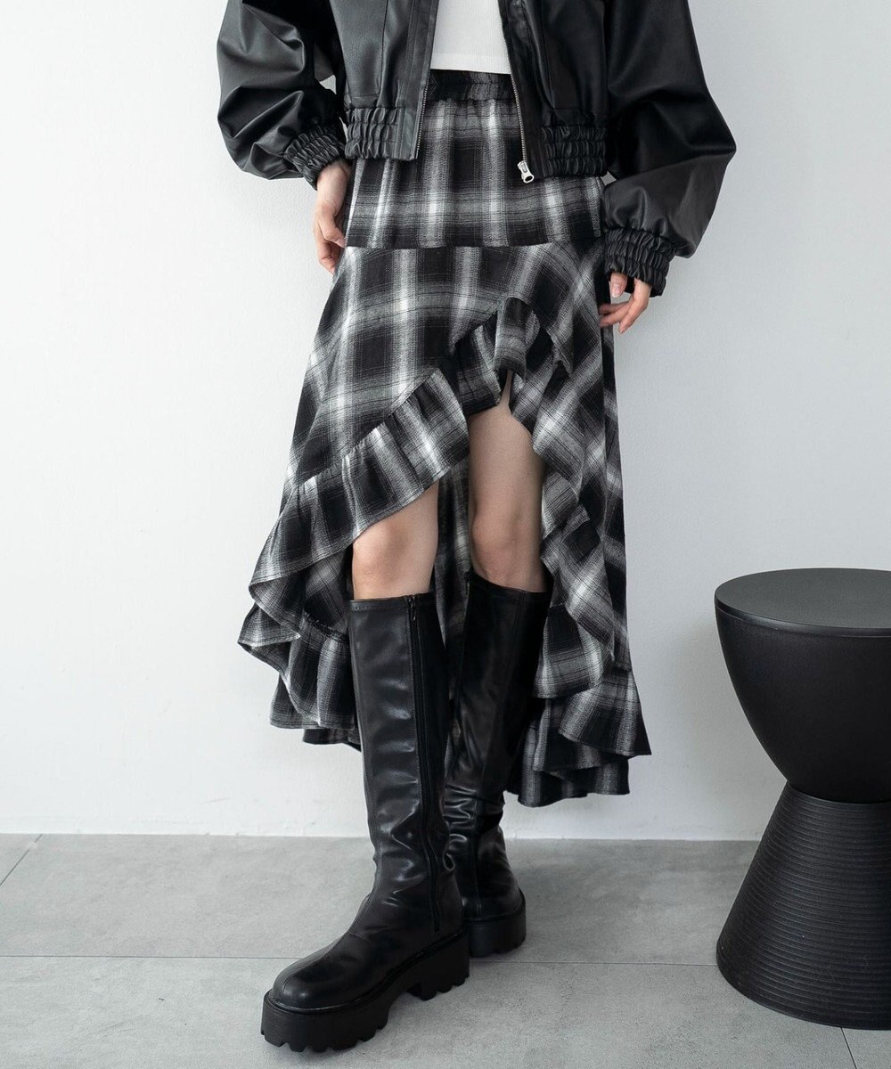 WEGO チェックアシンメトリーフリルロングスカート 