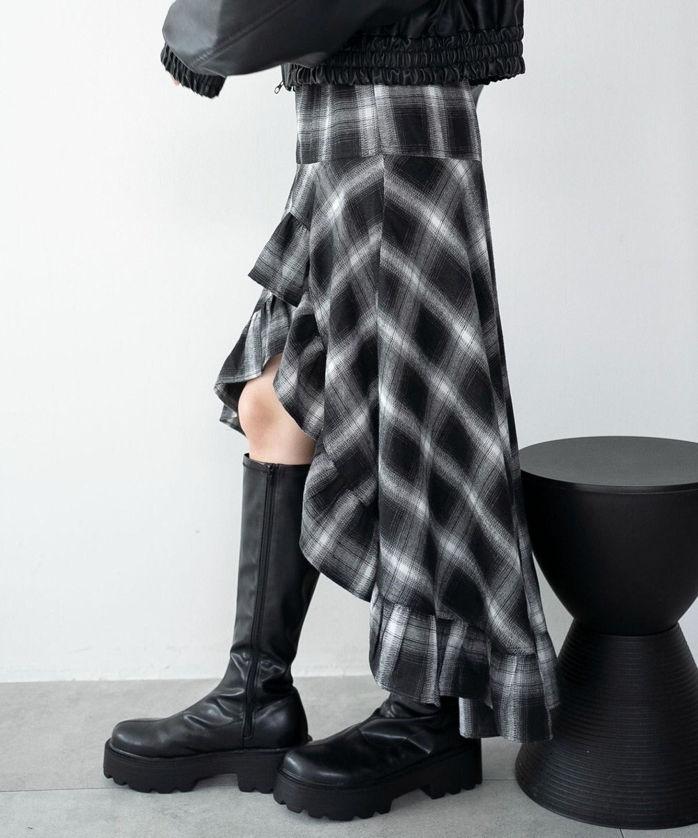 WEGO チェックアシンメトリーフリルロングスカート 
