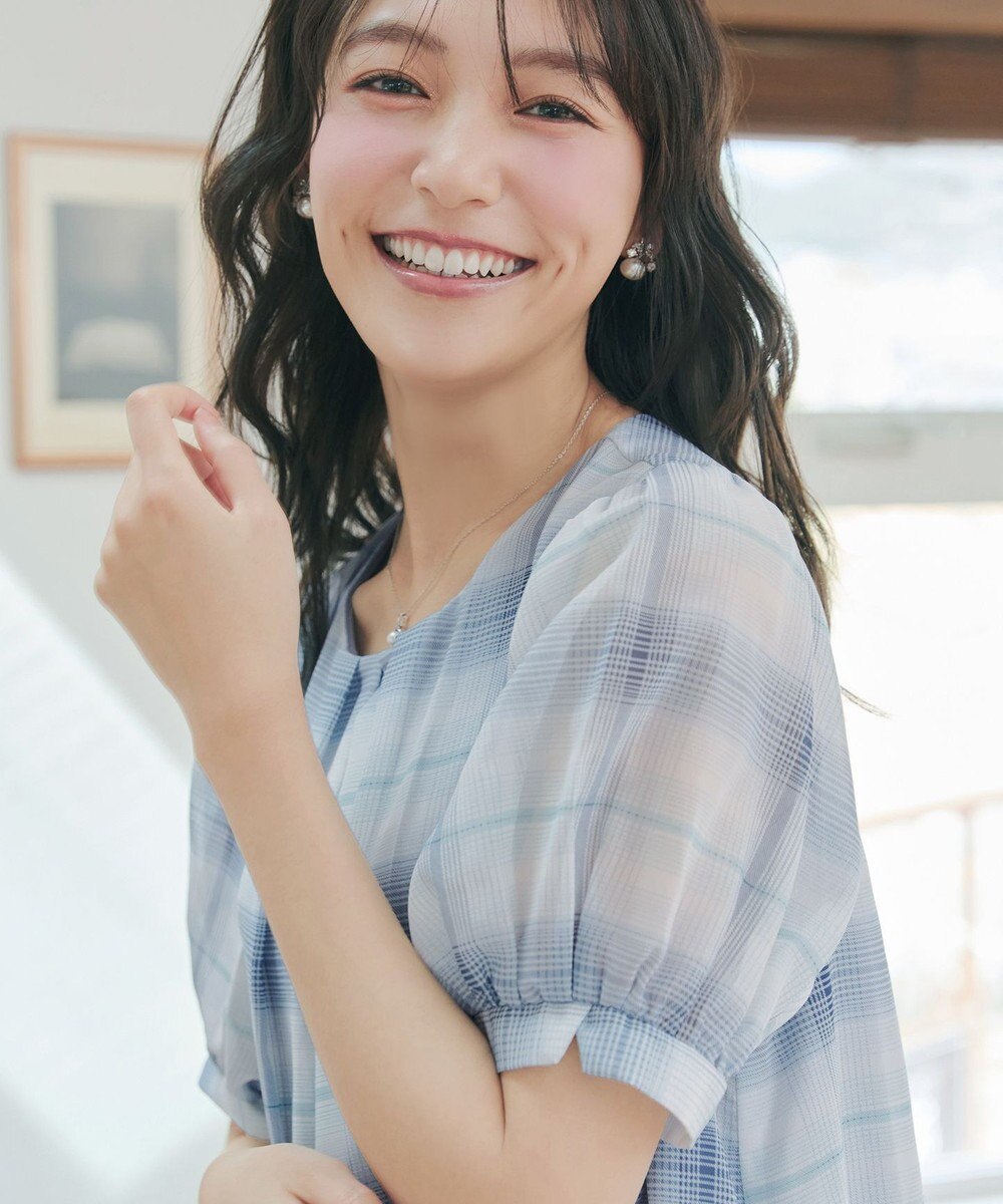 Tiaclasse L シフォンチェックパフスリーブチュニック 