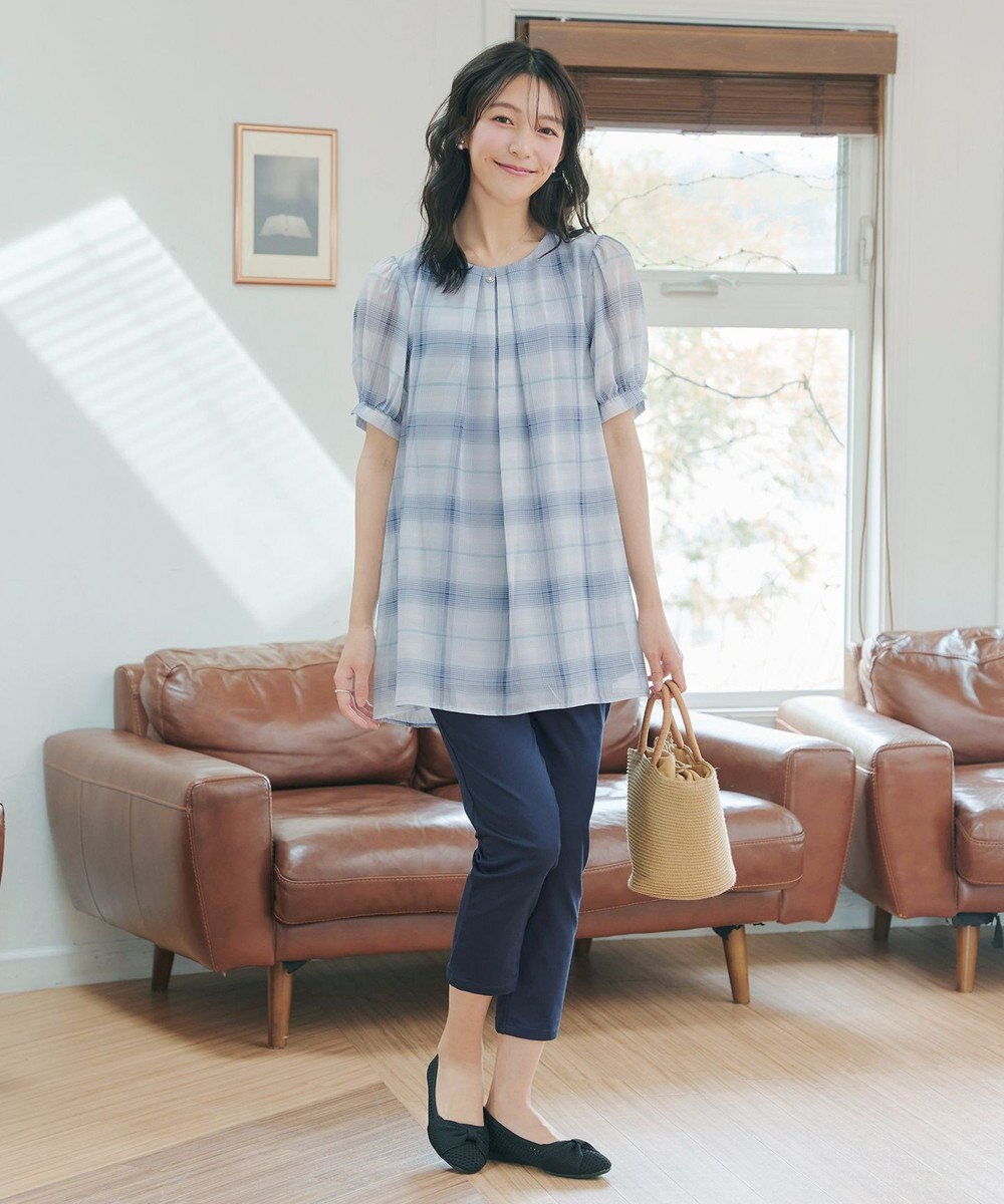 Tiaclasse L シフォンチェックパフスリーブチュニック 