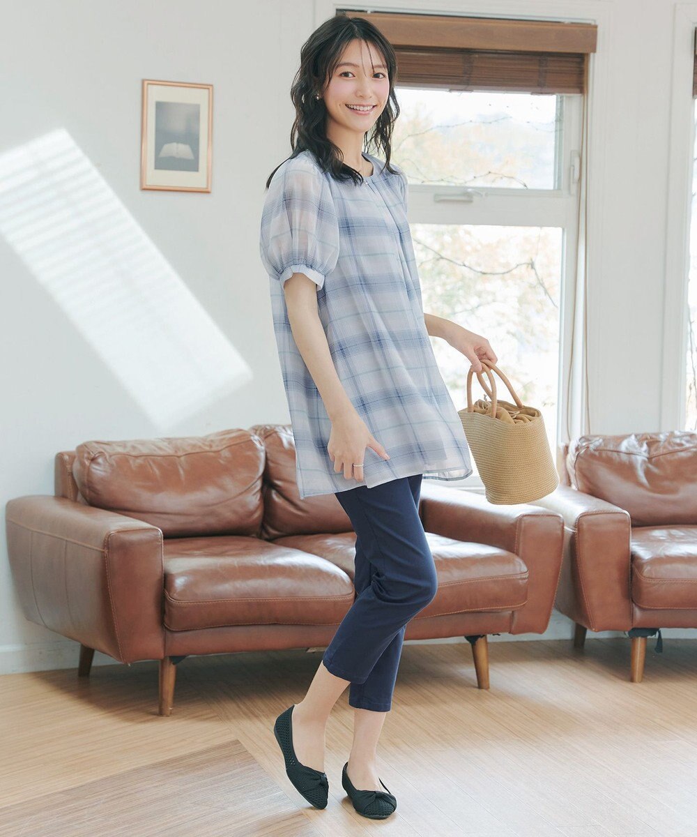 Tiaclasse L シフォンチェックパフスリーブチュニック 