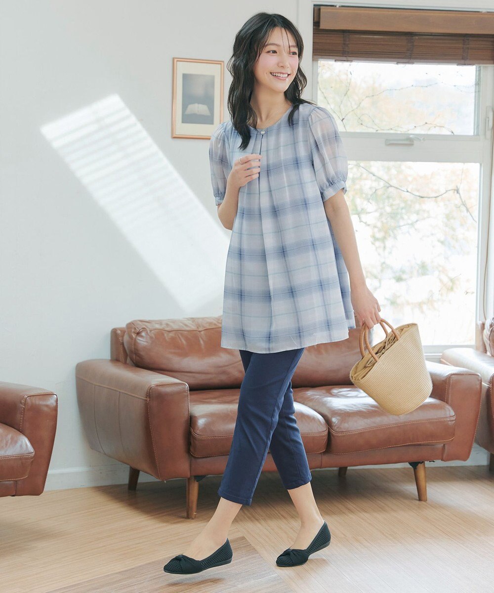 Tiaclasse L シフォンチェックパフスリーブチュニック 