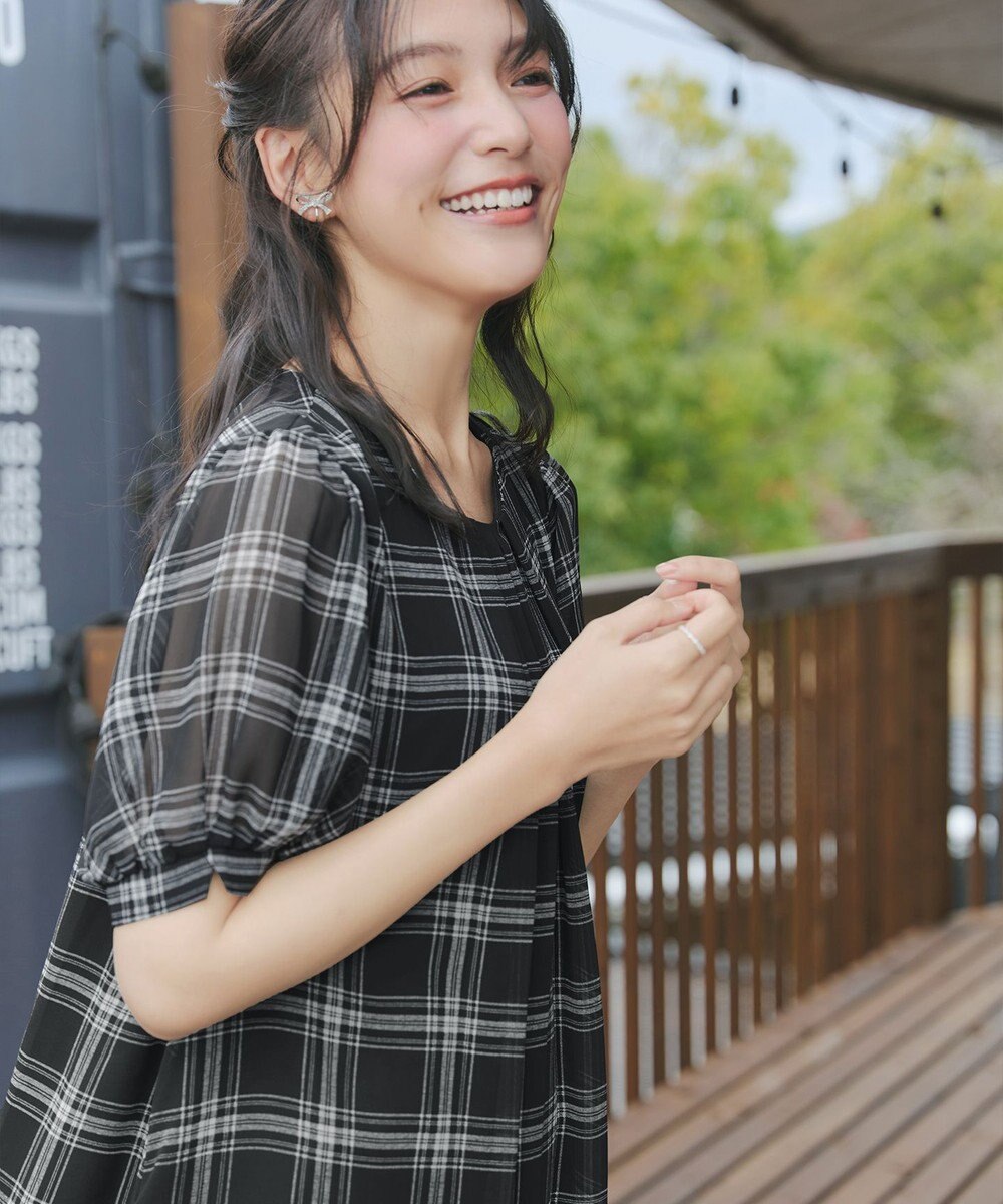 Tiaclasse L シフォンチェックパフスリーブチュニック 