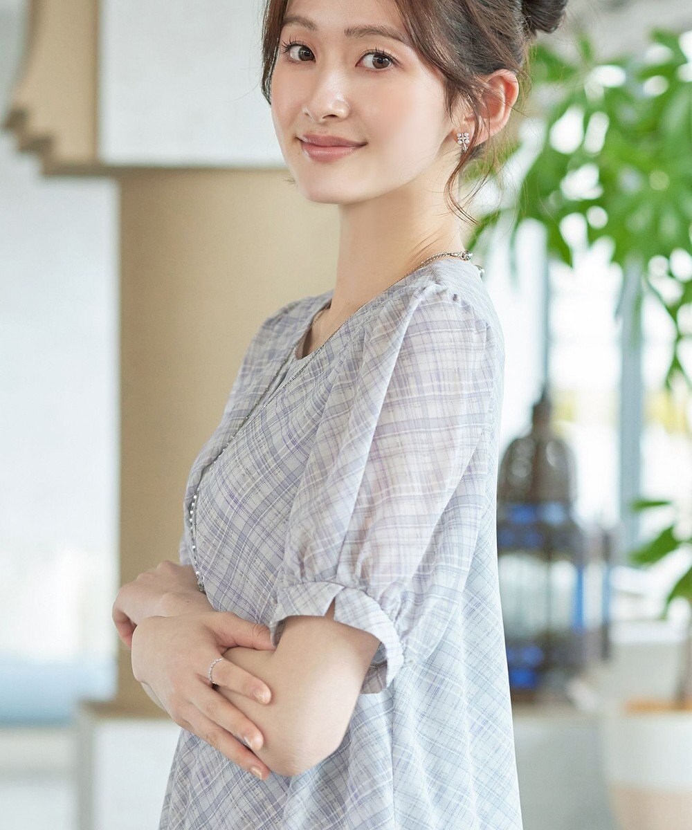 Tiaclasse L シフォンチェックパフスリーブチュニック 