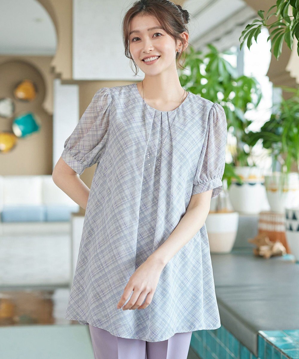 Tiaclasse L シフォンチェックパフスリーブチュニック 