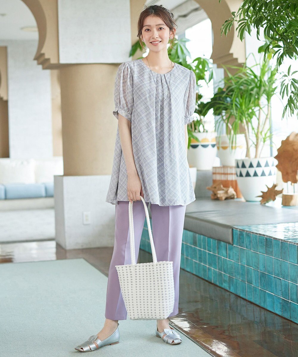 Tiaclasse L シフォンチェックパフスリーブチュニック 