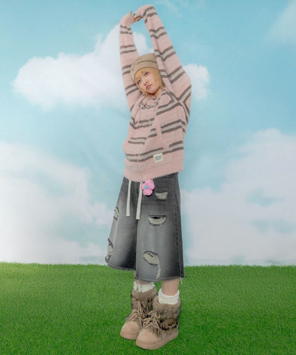 WEGO 【ユニセックス着用ITEM】シャギーボーダーニットパーカー 