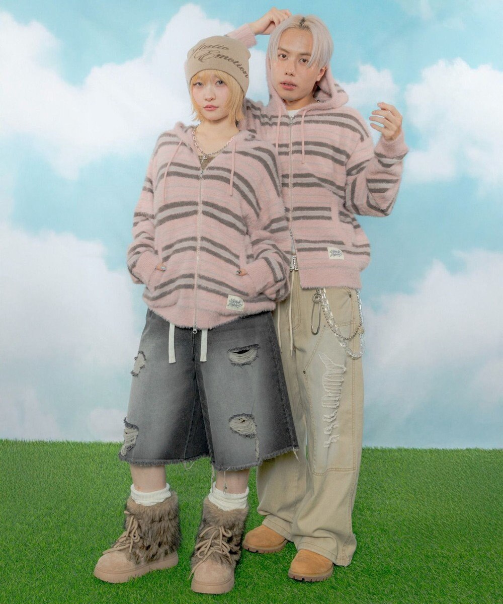 WEGO 【ユニセックス着用ITEM】シャギーボーダーニットパーカー 