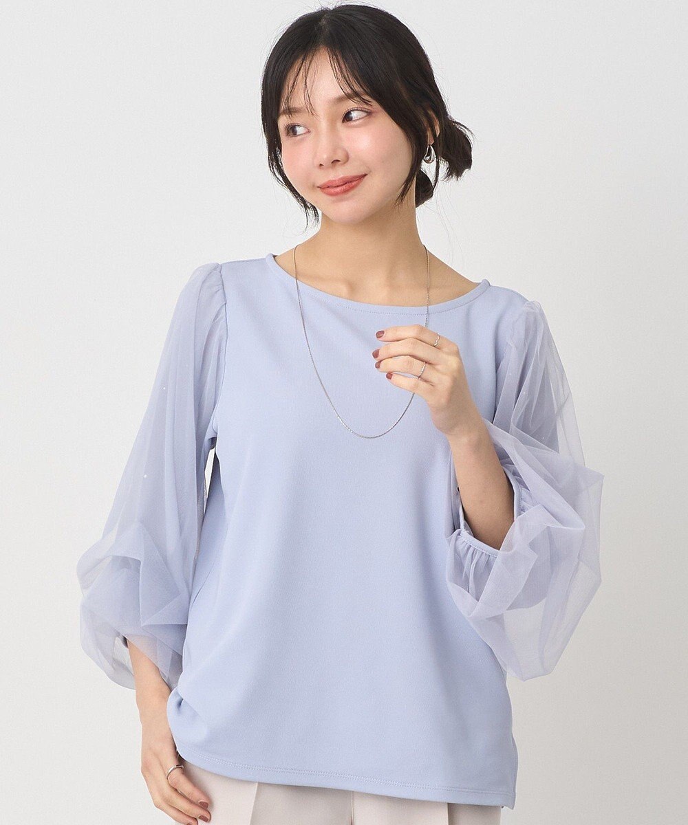 earth music&ecology キラキラストーンパールチュールスリーブプルオーバー 