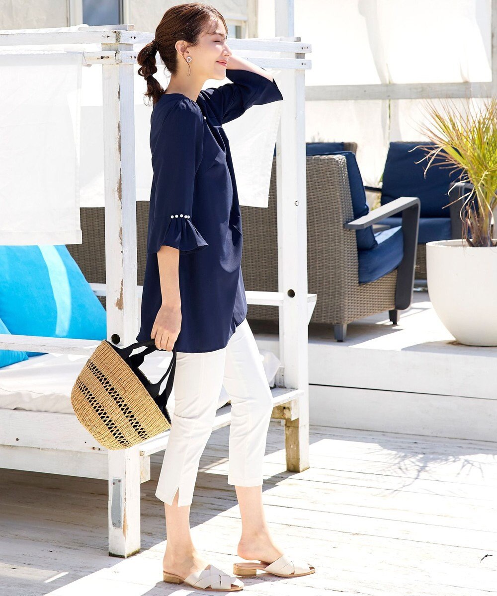 Tiaclasse 【洗える】タックフレアパール付き袖チュニックブラウス 