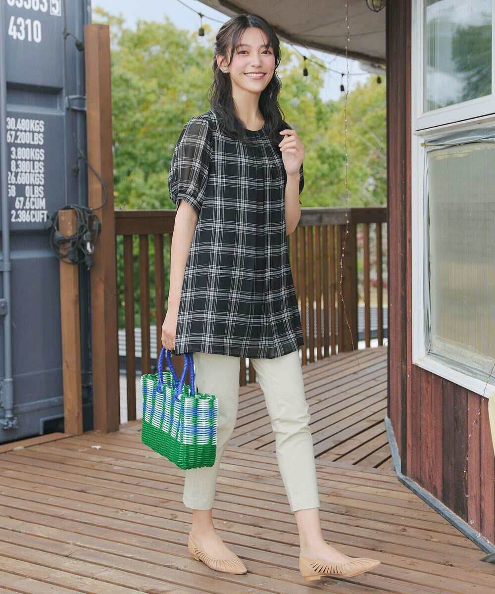 Tiaclasse L シフォンチェックパフスリーブチュニック 