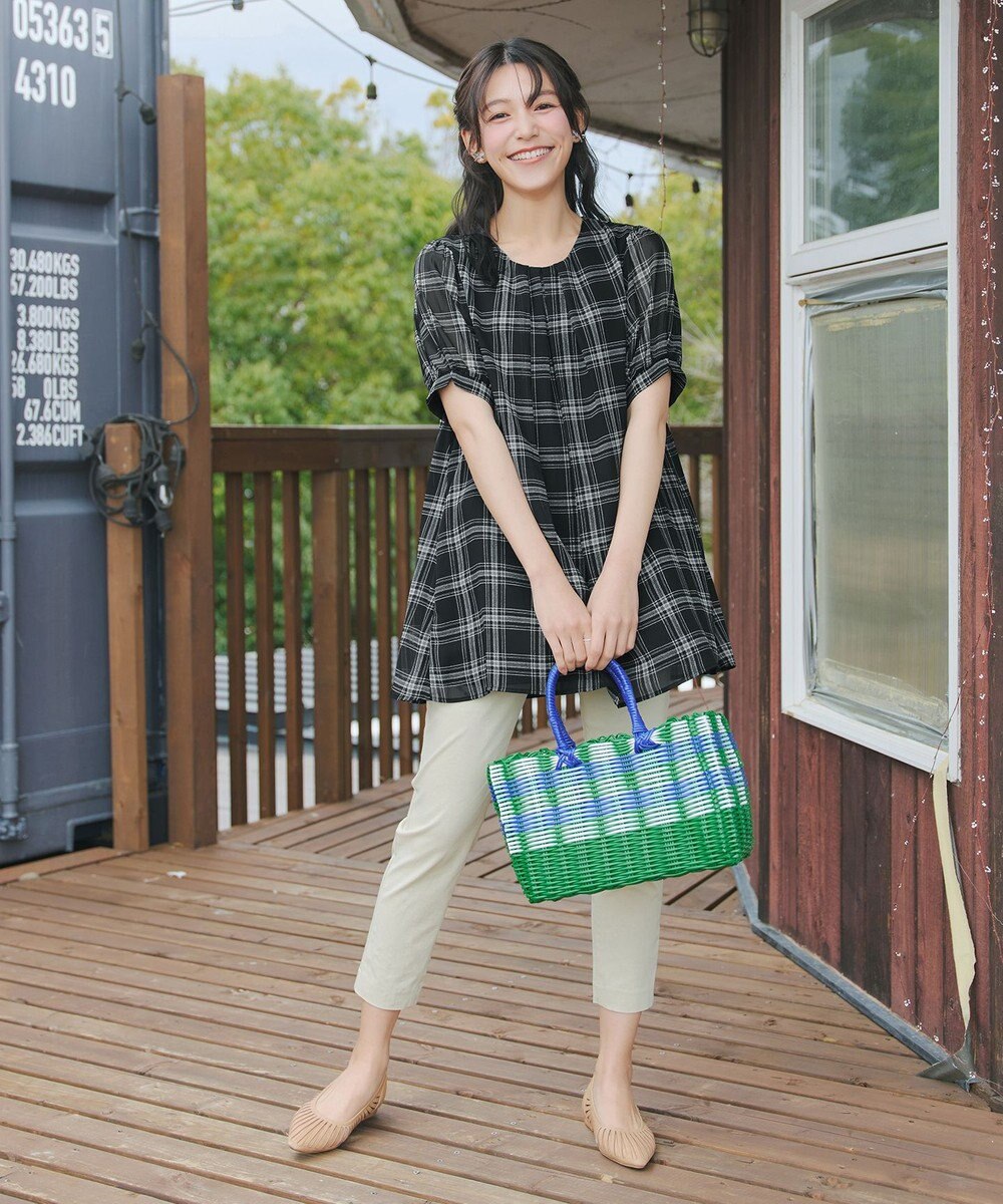 Tiaclasse L シフォンチェックパフスリーブチュニック 