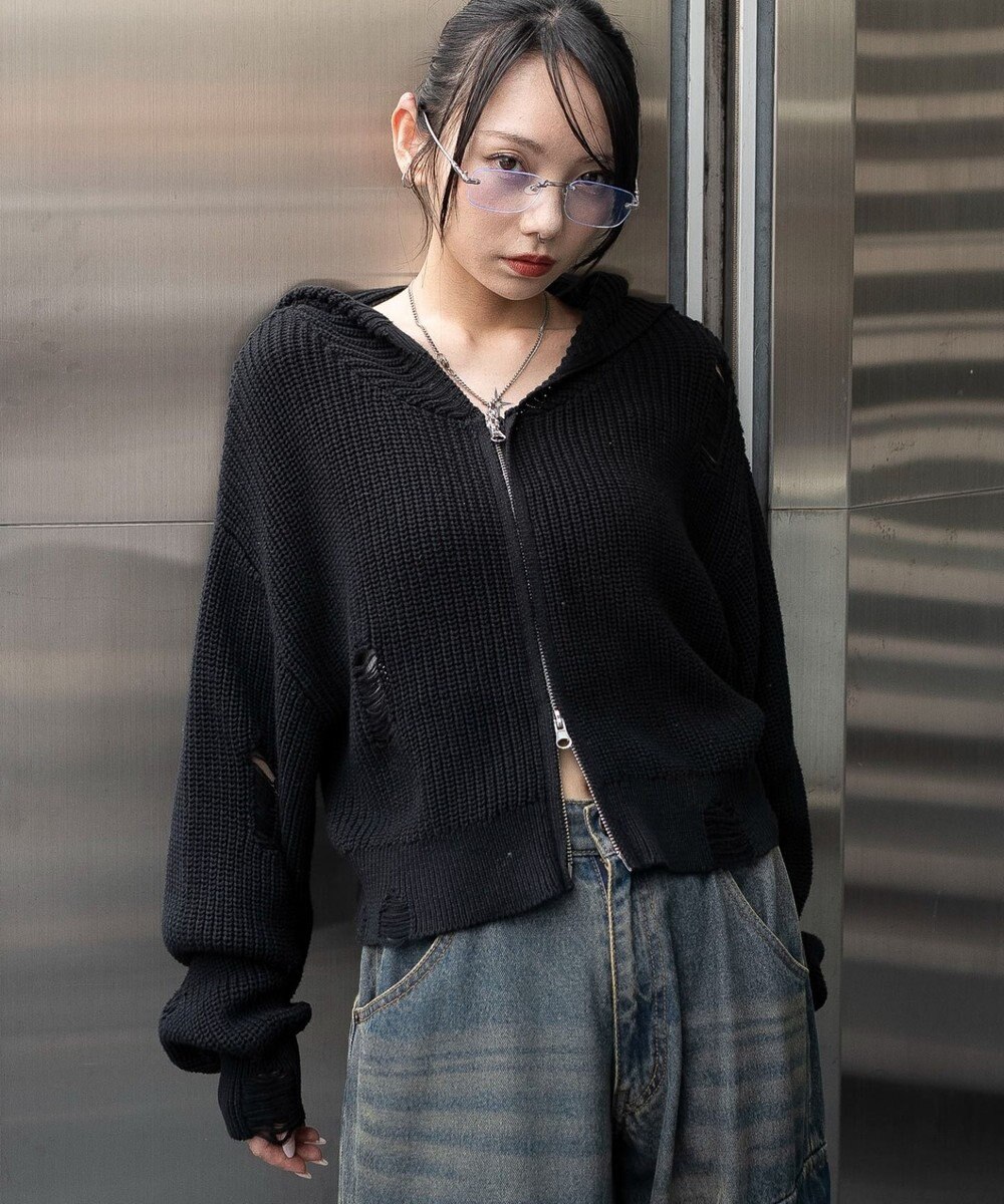 WEGO ダメージニットジップパーカー 