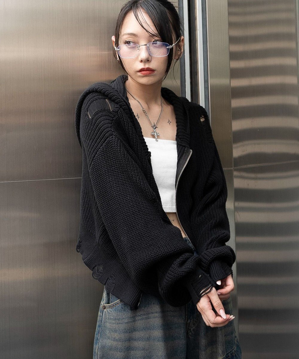 WEGO ダメージニットジップパーカー 