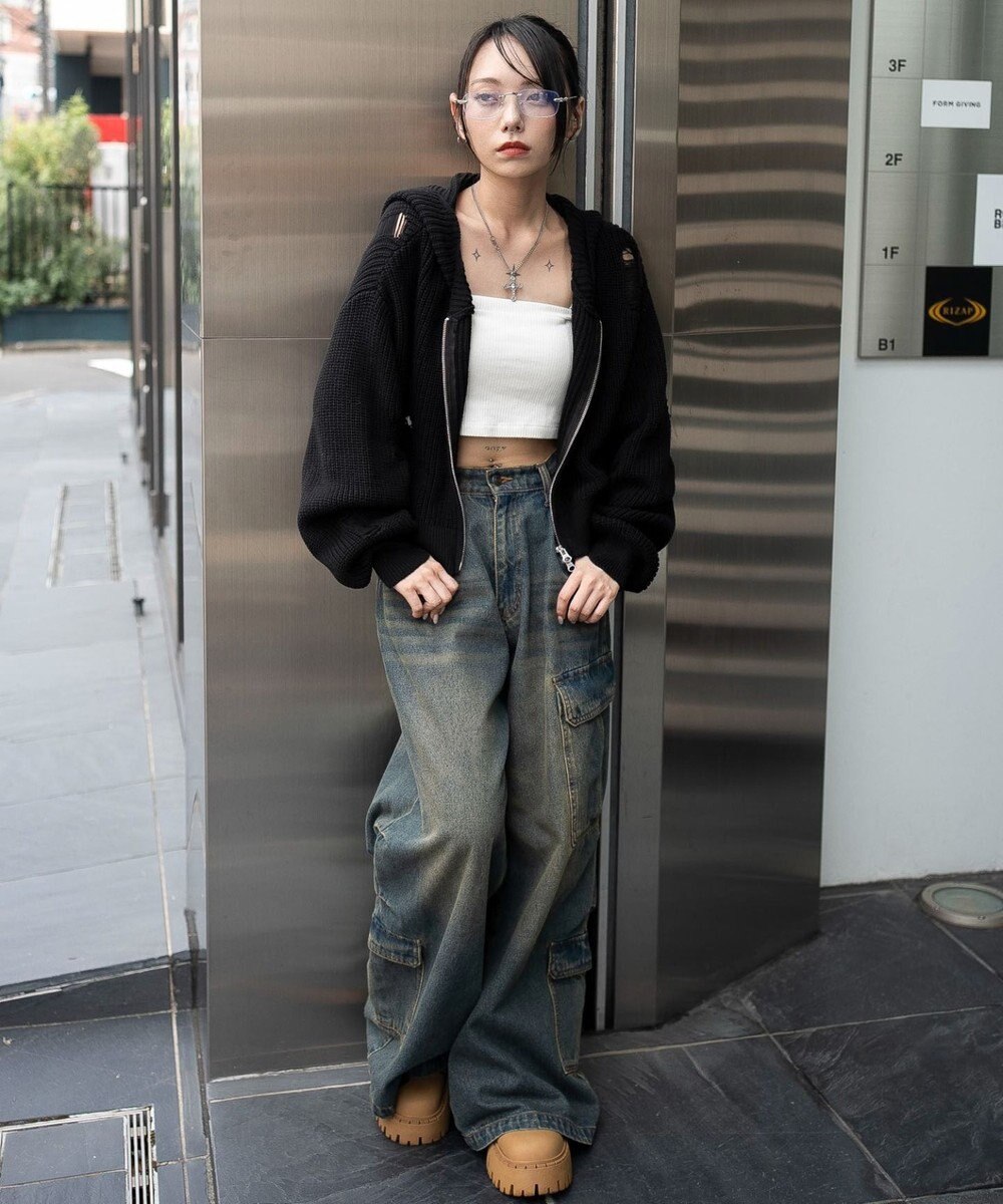 WEGO ダメージニットジップパーカー 